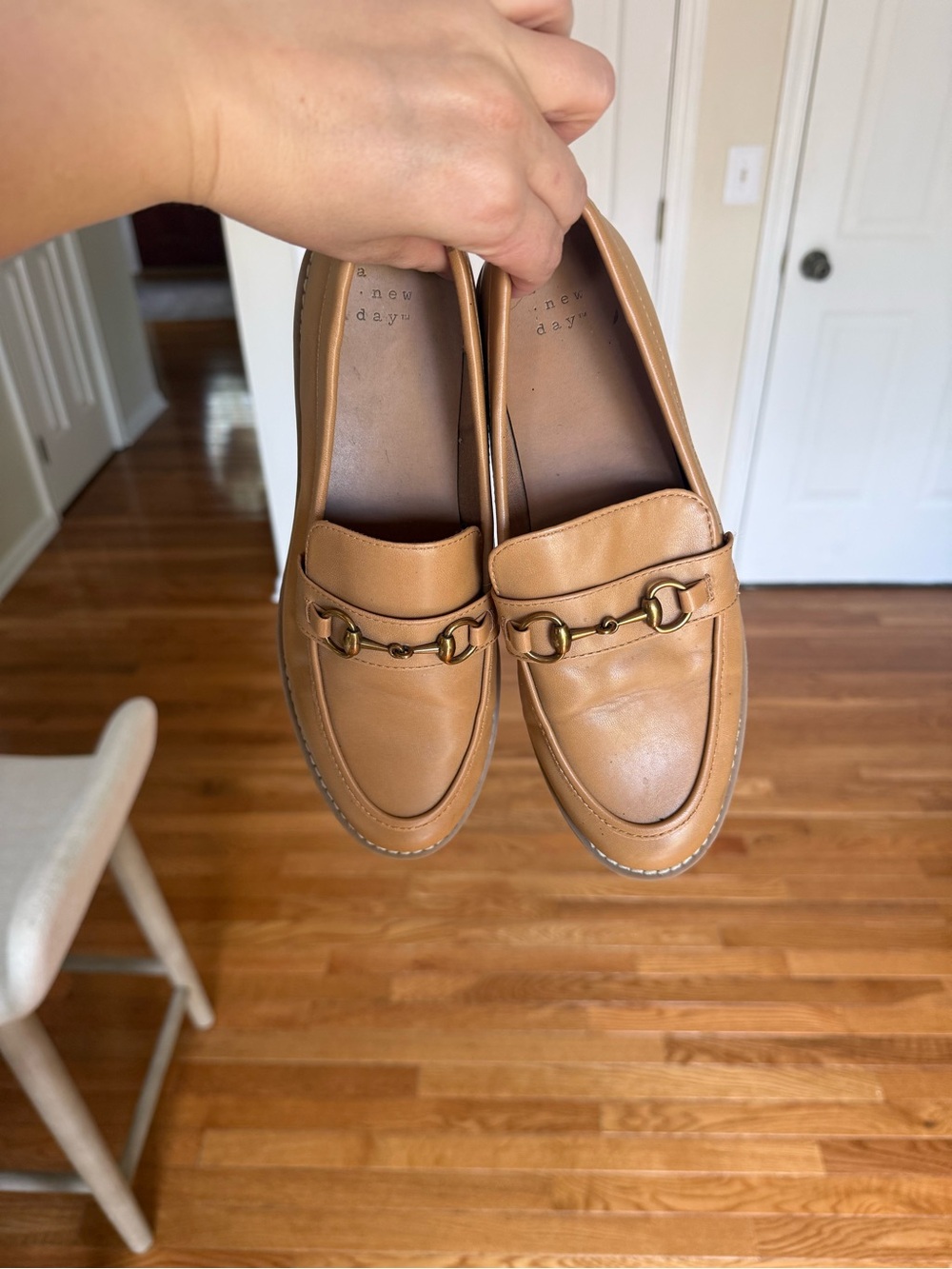 A new day target brand women’s Tan Leather Slip-On Loafers with Gold Horsebit - Picture 5 of 5